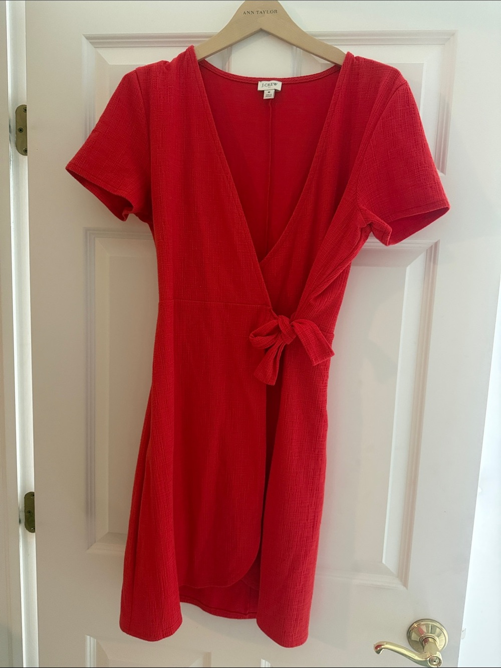 Coral Wrap Short-Sleeve Dress with Tie Waist